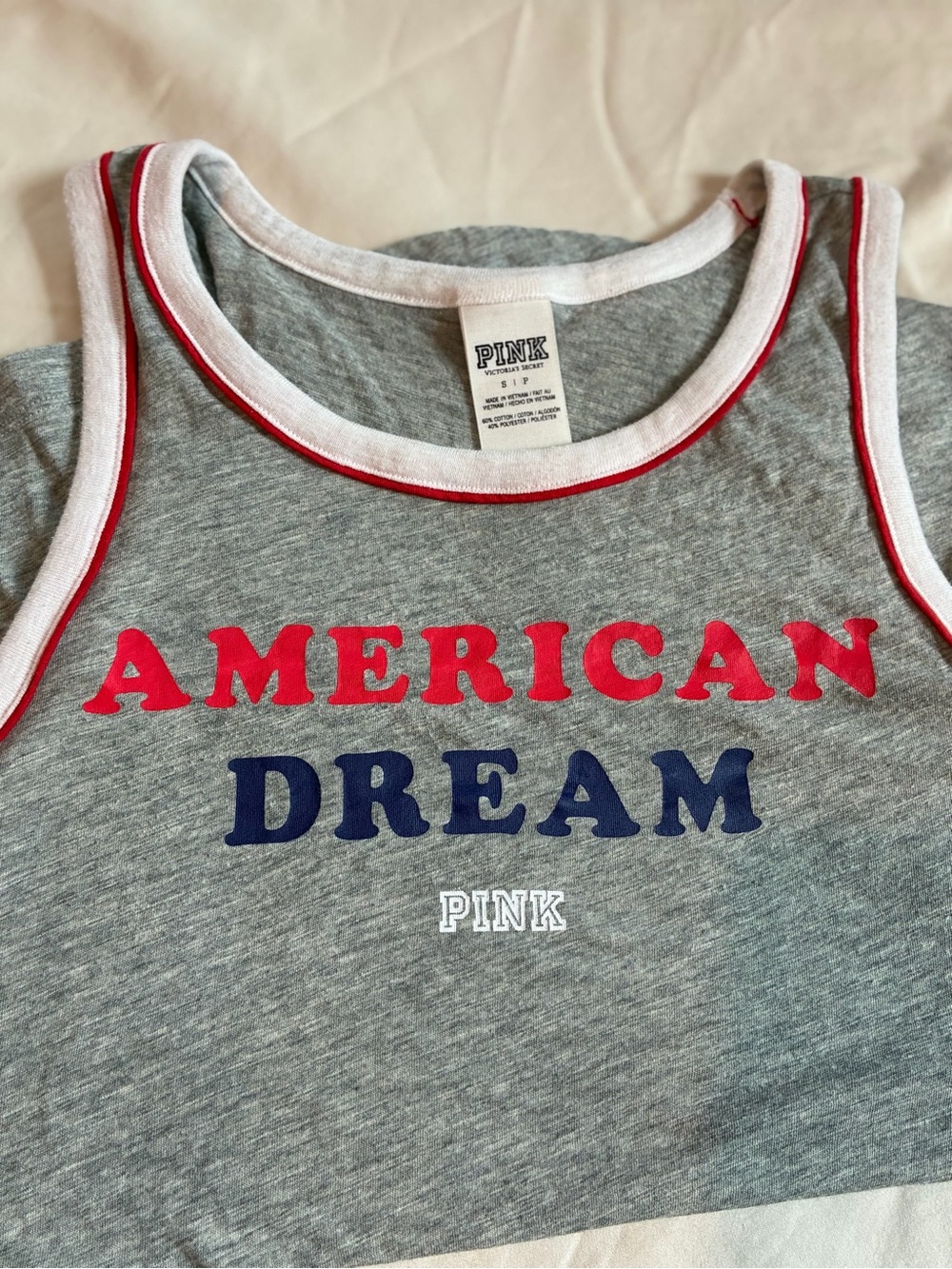PINK Victoria's Secret Gray Tank with Red & Blue Graphic